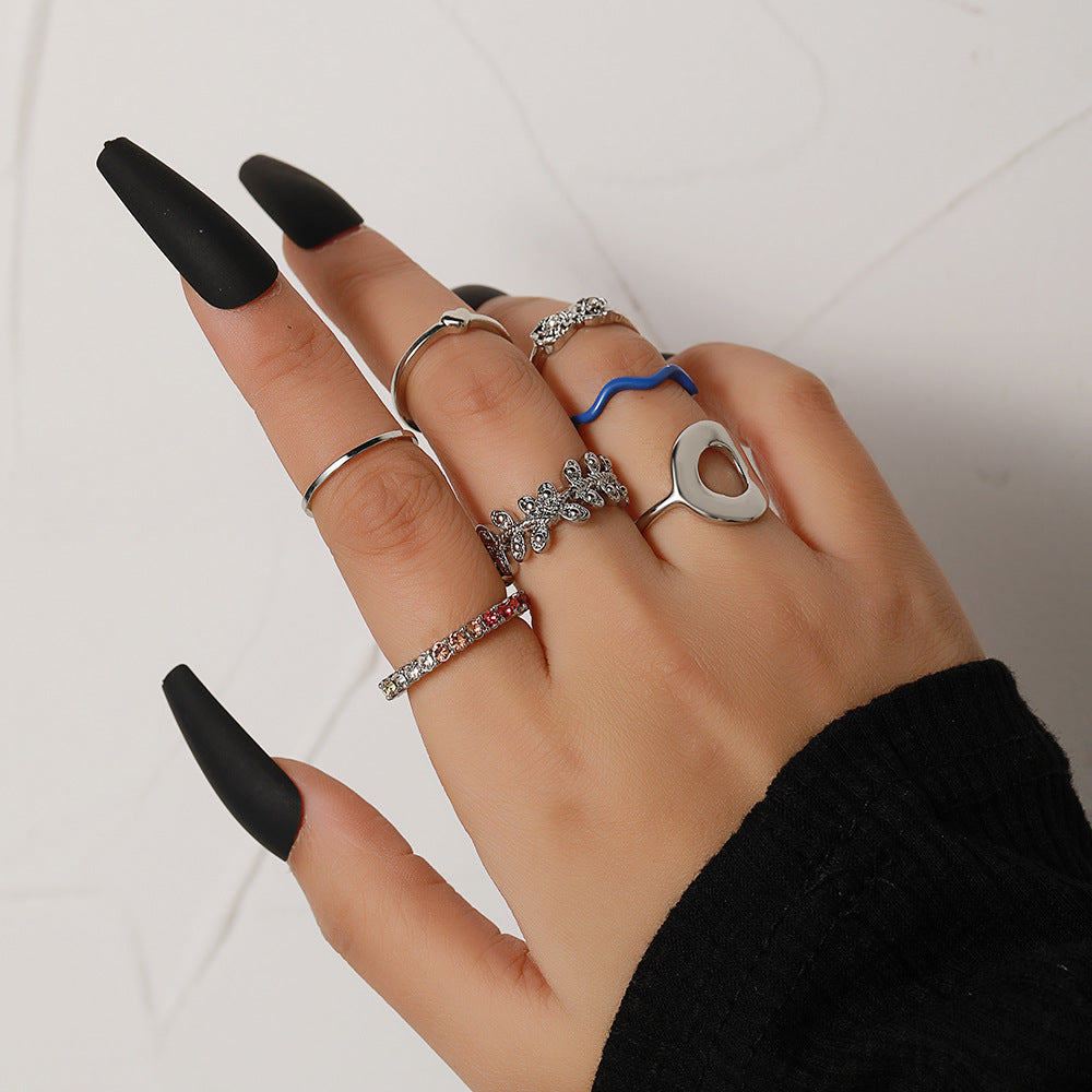 Minimalist Geometric Butterfly Rhinestone Pearl Drip Oil Alloy Ring Set for Women