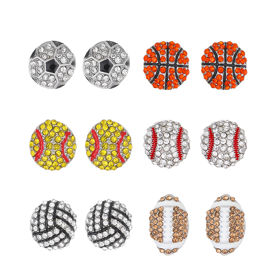 Geometric Round Rhinestone Inlaid Alloy Sports Ball Stud Earrings for Unisex
