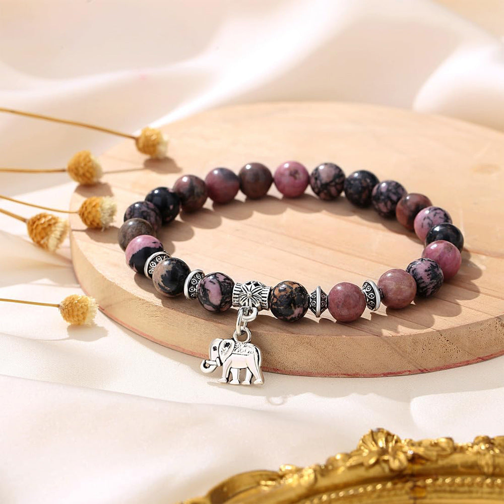 8mm Natural Stone Charm Bar Bracelet with Elephant Amethyst Amazonite Rose Quartz Fluorite Unisex Handmade Jewelry