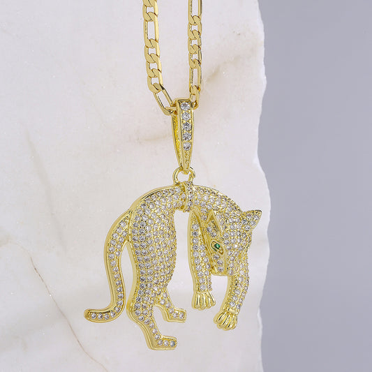 Punk Style Leopard Pendant Necklace in Copper with Real Gold Plating and Zircon Inlay for Women