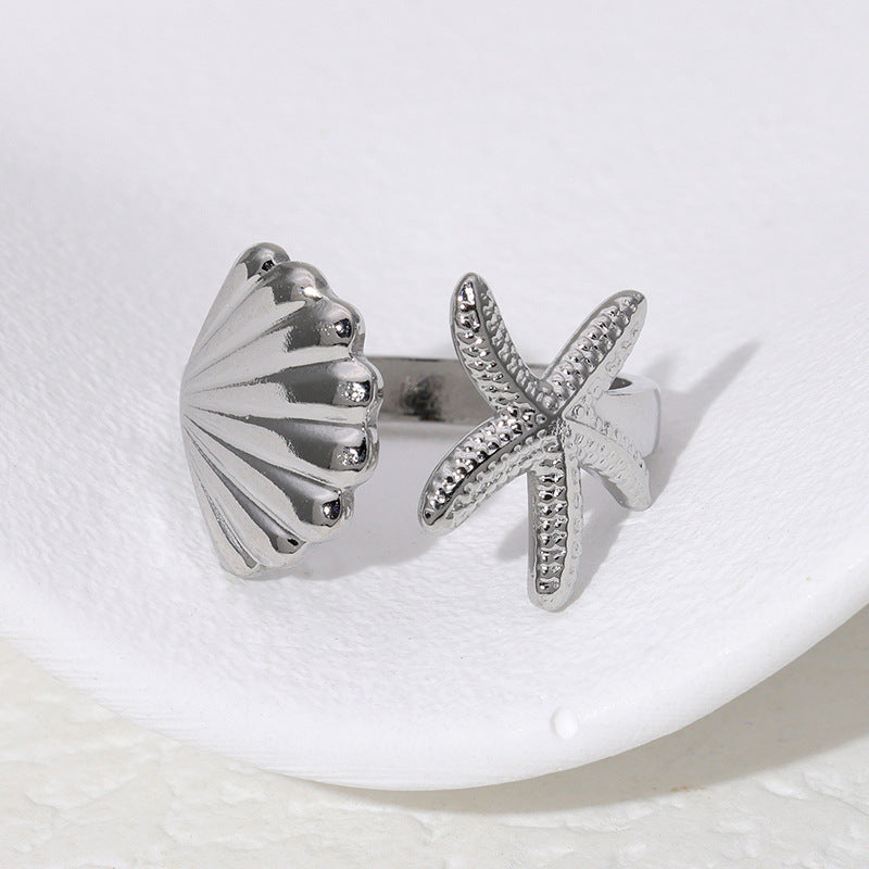 Anello Aperto Regolabile in Acciaio Inossidabile con Stella Marina Minimalista e Conchiglia per Donna Stile Vacanza al Mare