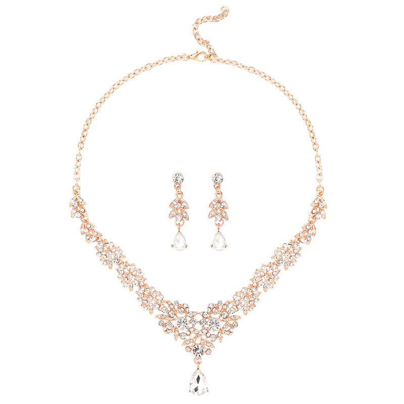 Set di collana e orecchini da sposa con motivo floreale, in lega con ciondolo decorato con strass, catena a serpente, design minimalista a tulipano, margherita e petali di foglie