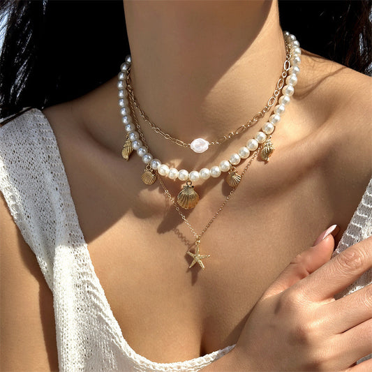 Bohemian Handmade Beaded Geometric Starfish Shell Alloy Necklace Set for Women