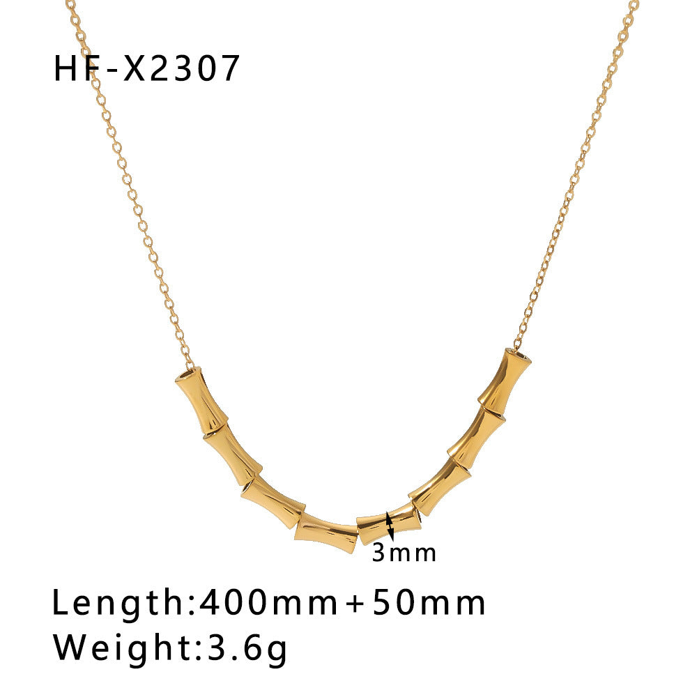 Minimalist Stainless Steel Snake-Eye Bamboo-Shaped Pendant Necklace for Women with 18K Gold Plating and Zircon Inlay