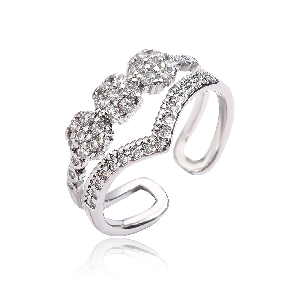 Anello Aperto Geometrico Minimalista da Donna in Ottone con Placcatura in Oro Vero e Intarsio di Zirconi