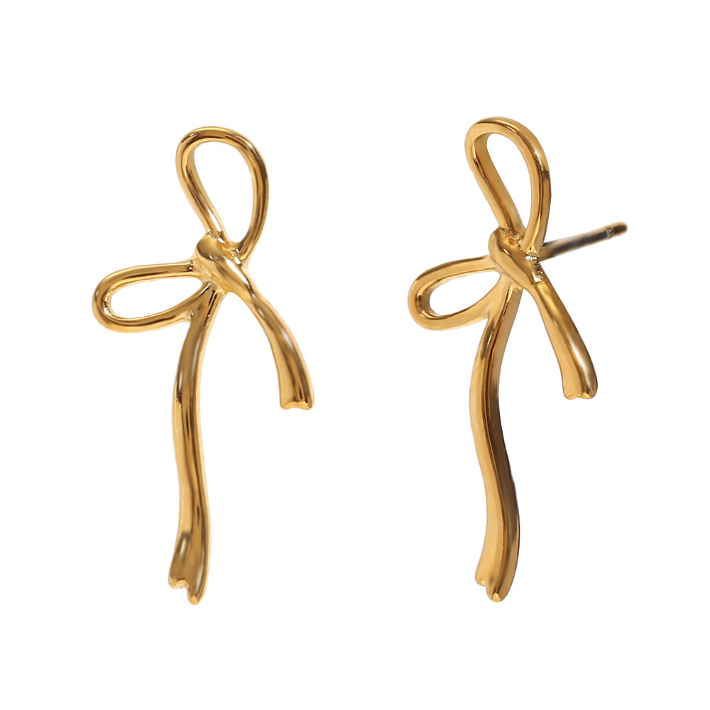 Pendientes minimalistas creativos de acero inoxidable con forma de lazo y baño de oro de 18 quilates para mujer
