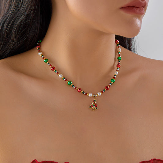 Collana Natalizia Casual da Donna con Ciondoli a Forma di Renna e Pupazzo di Neve Smaltati su Catena di Perline