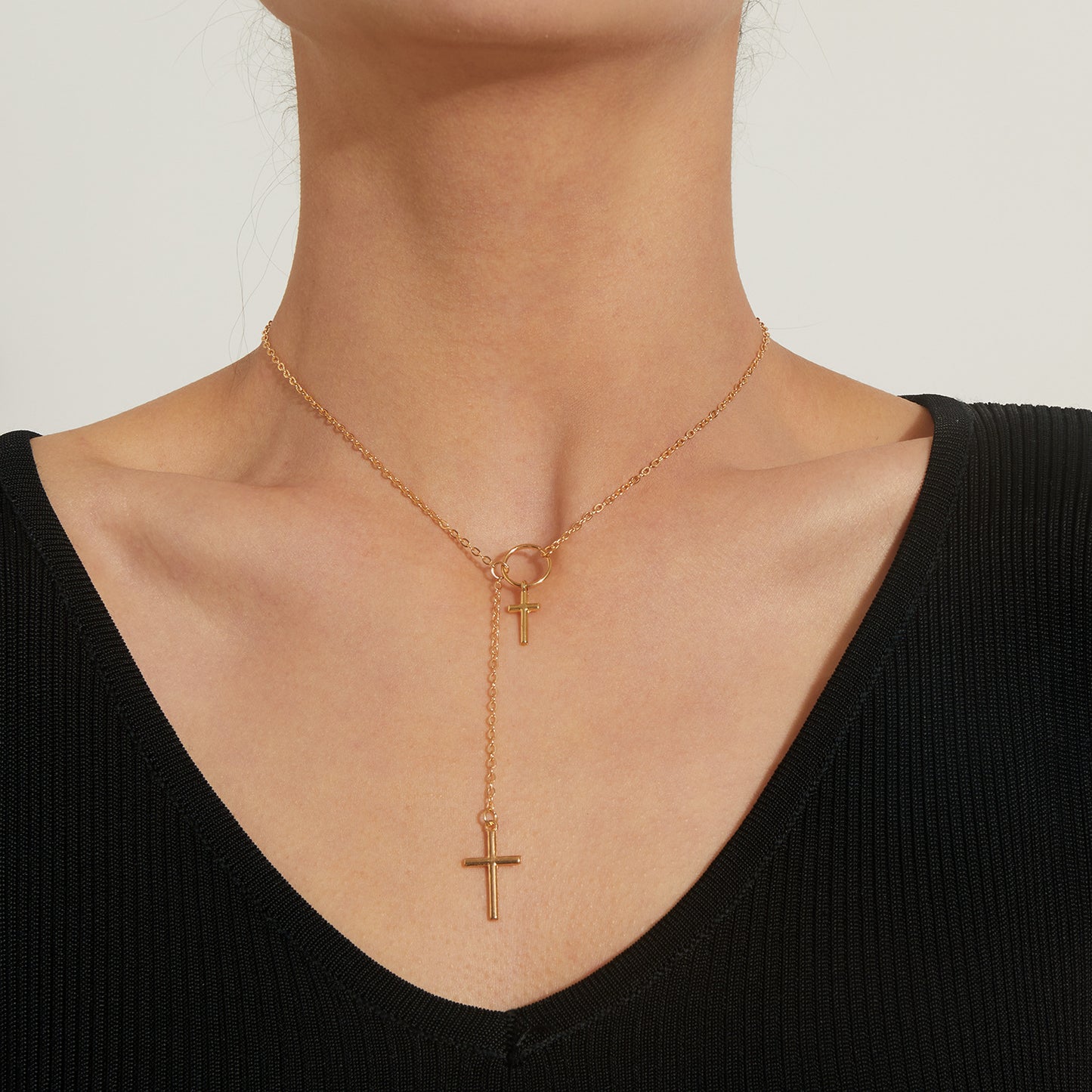Minimalist Double-Layer Cross Pendant Necklace for Women in Alloy with Electroplated Finish