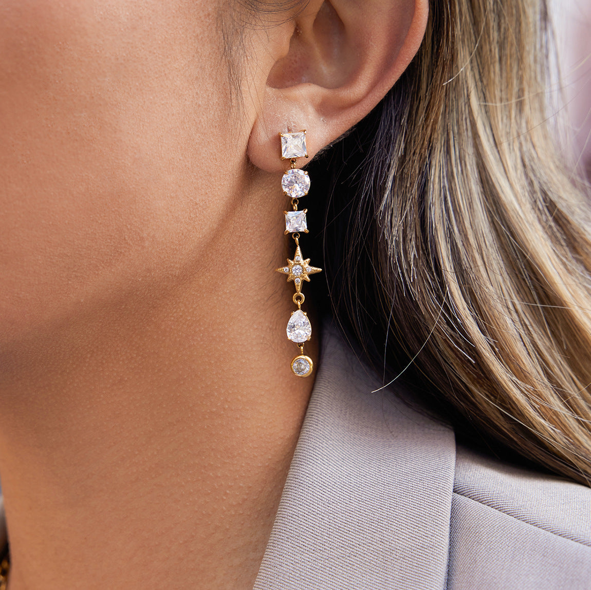 Elegant Geometric Stainless Steel PVD Plated Cubic Zirconia Tassel Earrings for Women