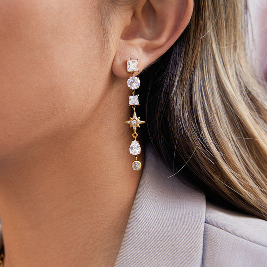 Elegant Geometric Stainless Steel PVD Plated Cubic Zirconia Tassel Earrings for Women