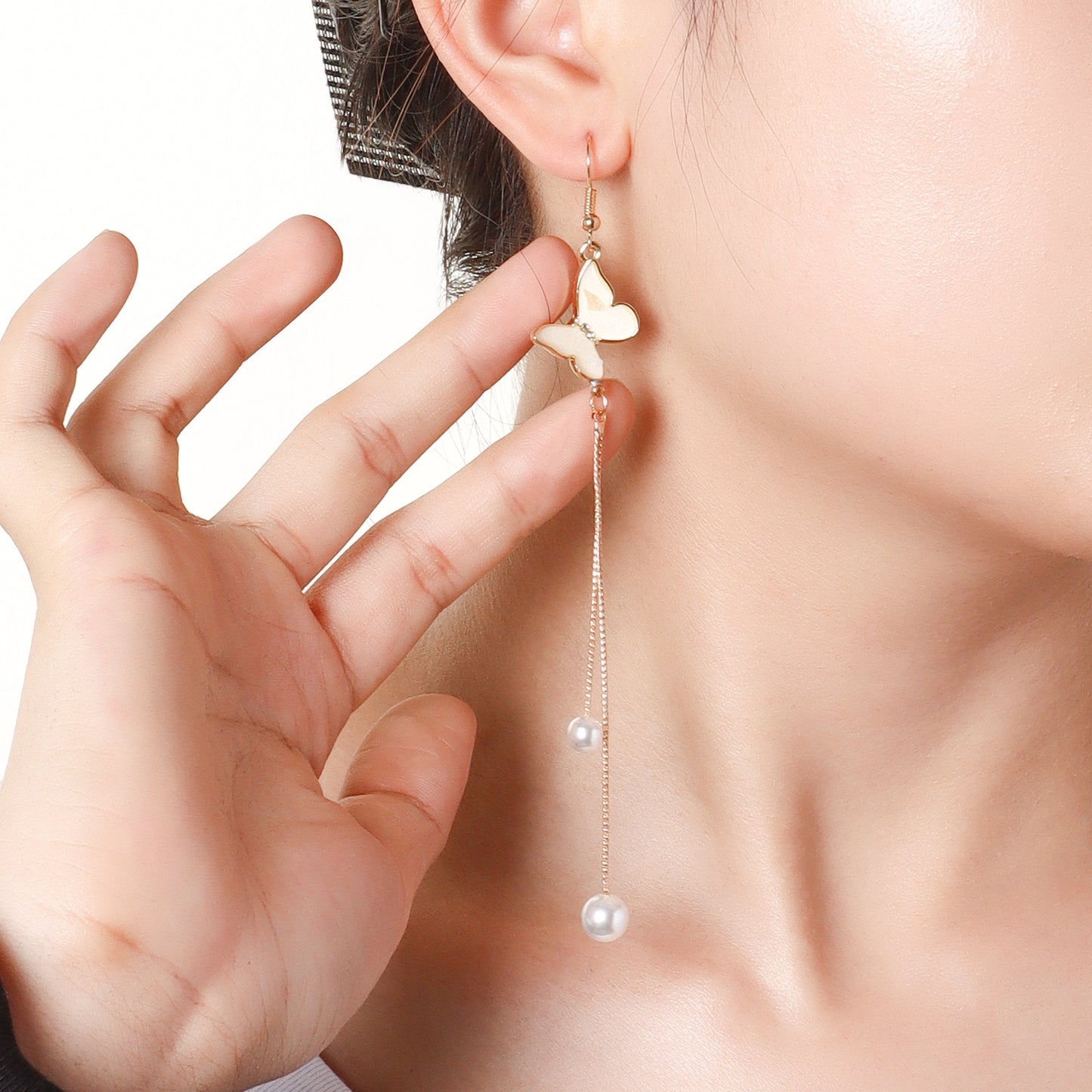 Vintage-Style Long Tassel Earrings with Simulated Pearl and Butterfly Design in Alloy with Plated Finish for Women