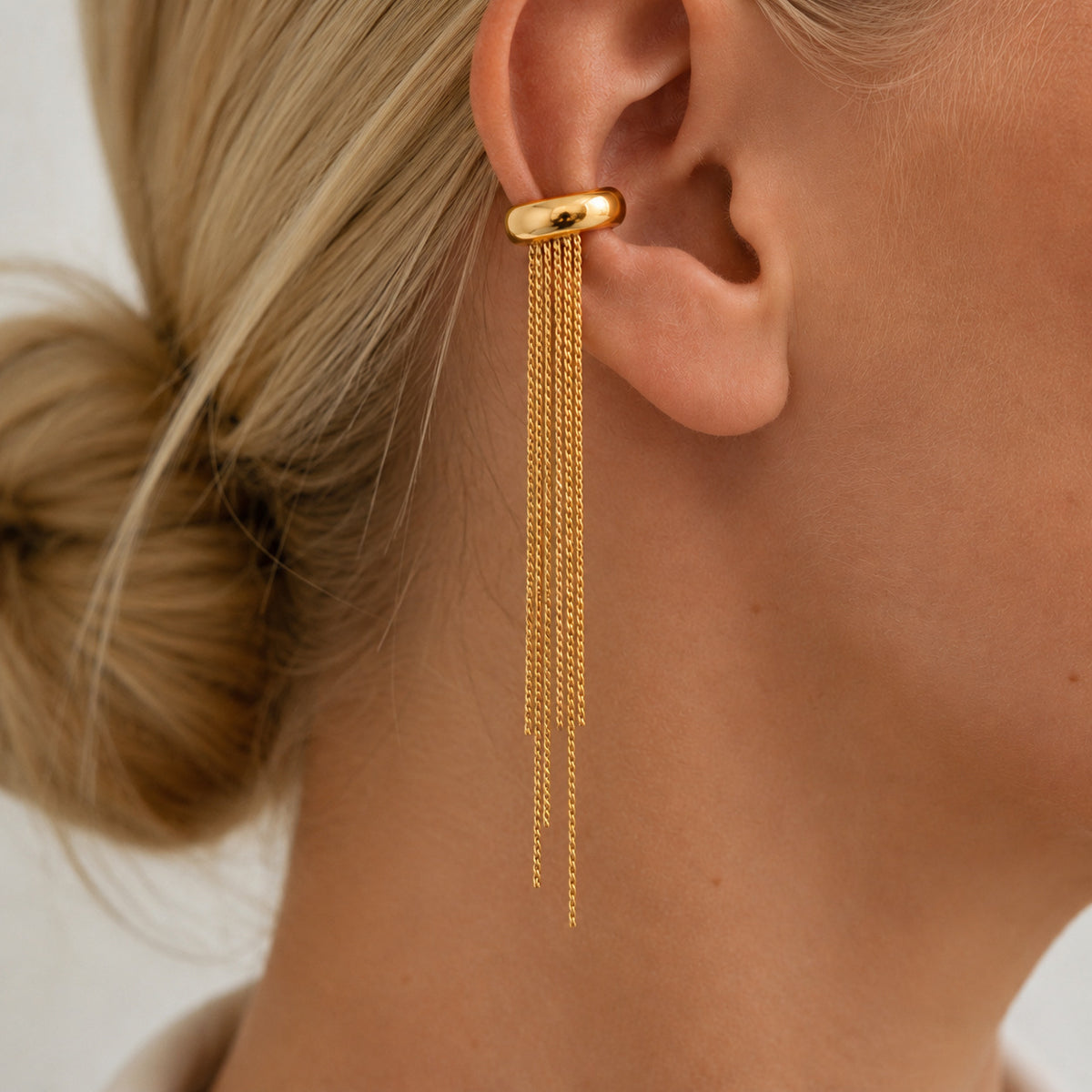 Elegant Stainless Steel PVD Geometric Rope Chain Long Tassel Ear Cuff for Women