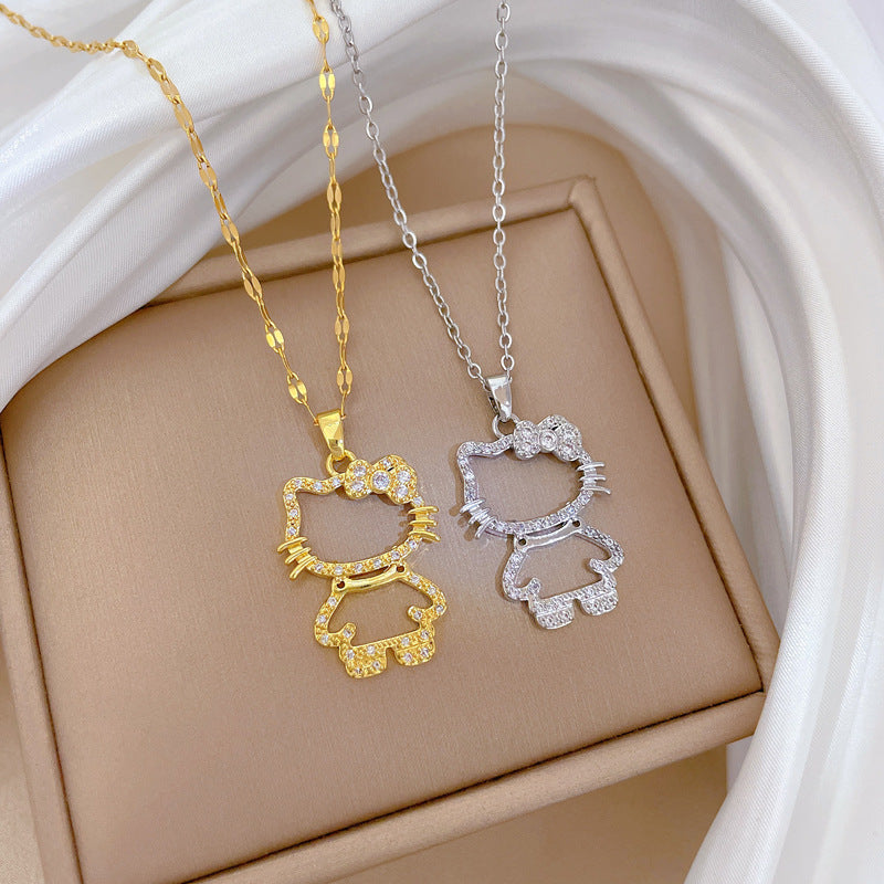 Sweet Minimalist Geometric Cat Rhinestone Pendant Titanium Steel Necklace for Unisex