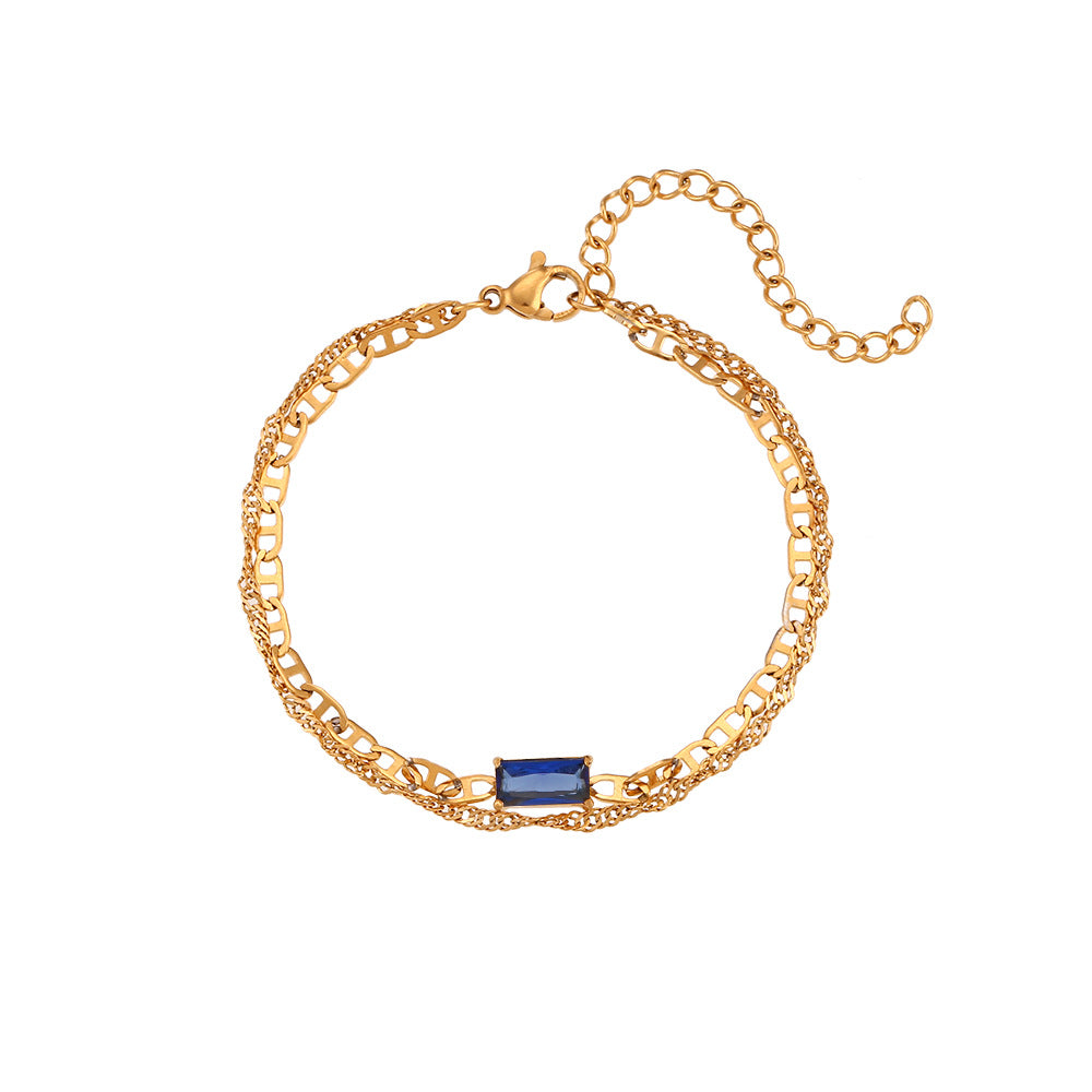 Pulsera de doble capa de lujo minimalista con diseño de nariz de cerdo y olas en acero inoxidable con chapado en oro de 18 quilates y acentos de circonita rectangular