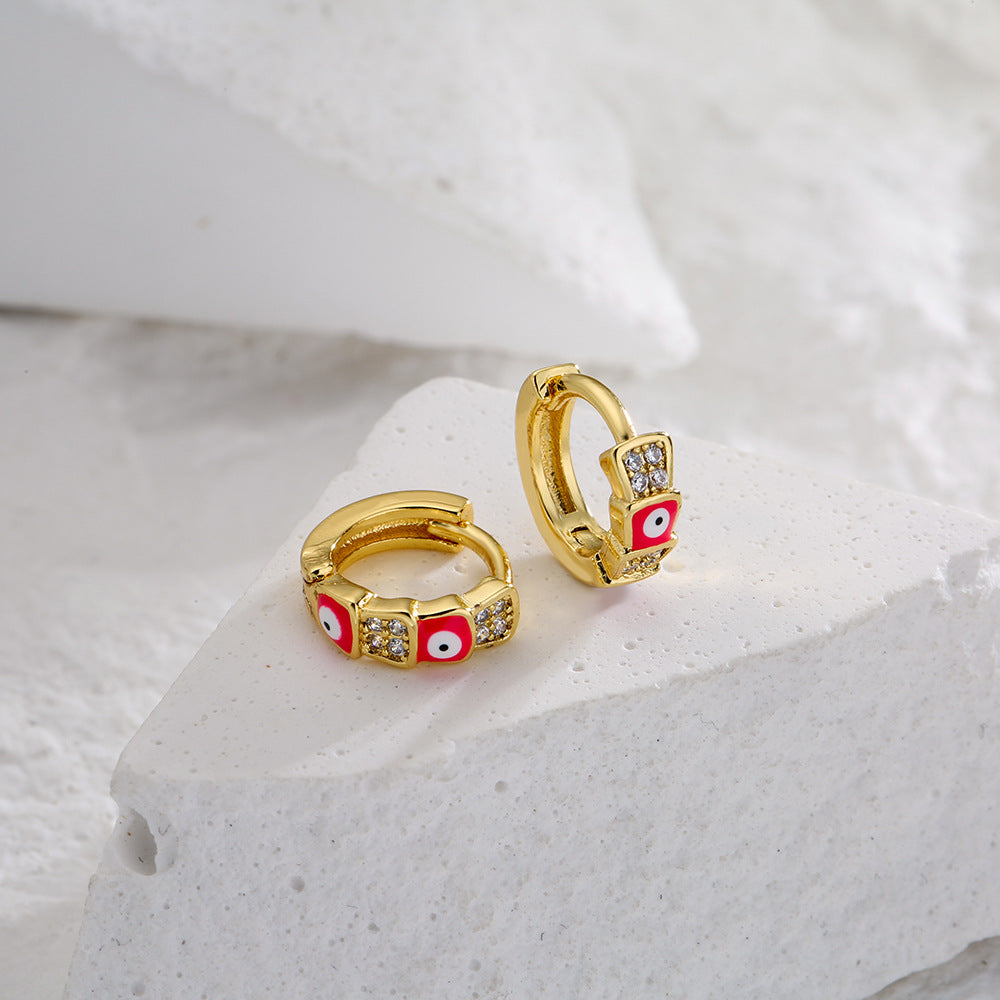 Minimalist Geometric Copper Earrings with Real Gold Plating and Enamel Eye Detail