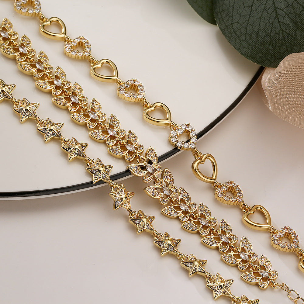 Bracciale Geometrico Minimalista alla Moda a Farfalla, Cuore e Stella da Donna in Rame Placcato Oro Vero e Zirconia Micro-Incastonata