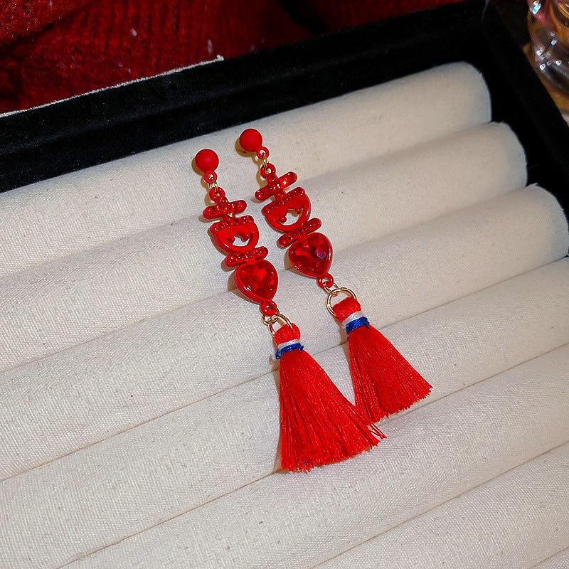 Elegant Geometric Dangle Stud Earrings for Women with Red Tassels, Alloy Base and Gold Plated Finish