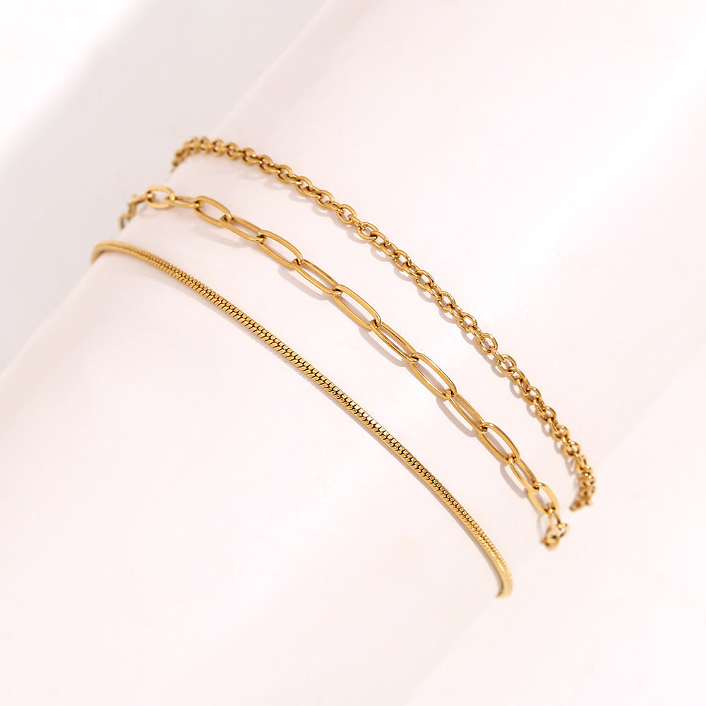 Cavigliera Minimalista Geometrica in Acciaio Inox con Placcatura Oro 18K, Gioiello Elegante a Triplo Strato per Donna