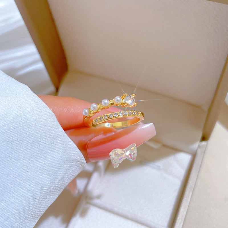 Anello regolabile in ottone con perle e zirconi, design a corona, per donna, gioiello a fascia in stile giapponese minimalista