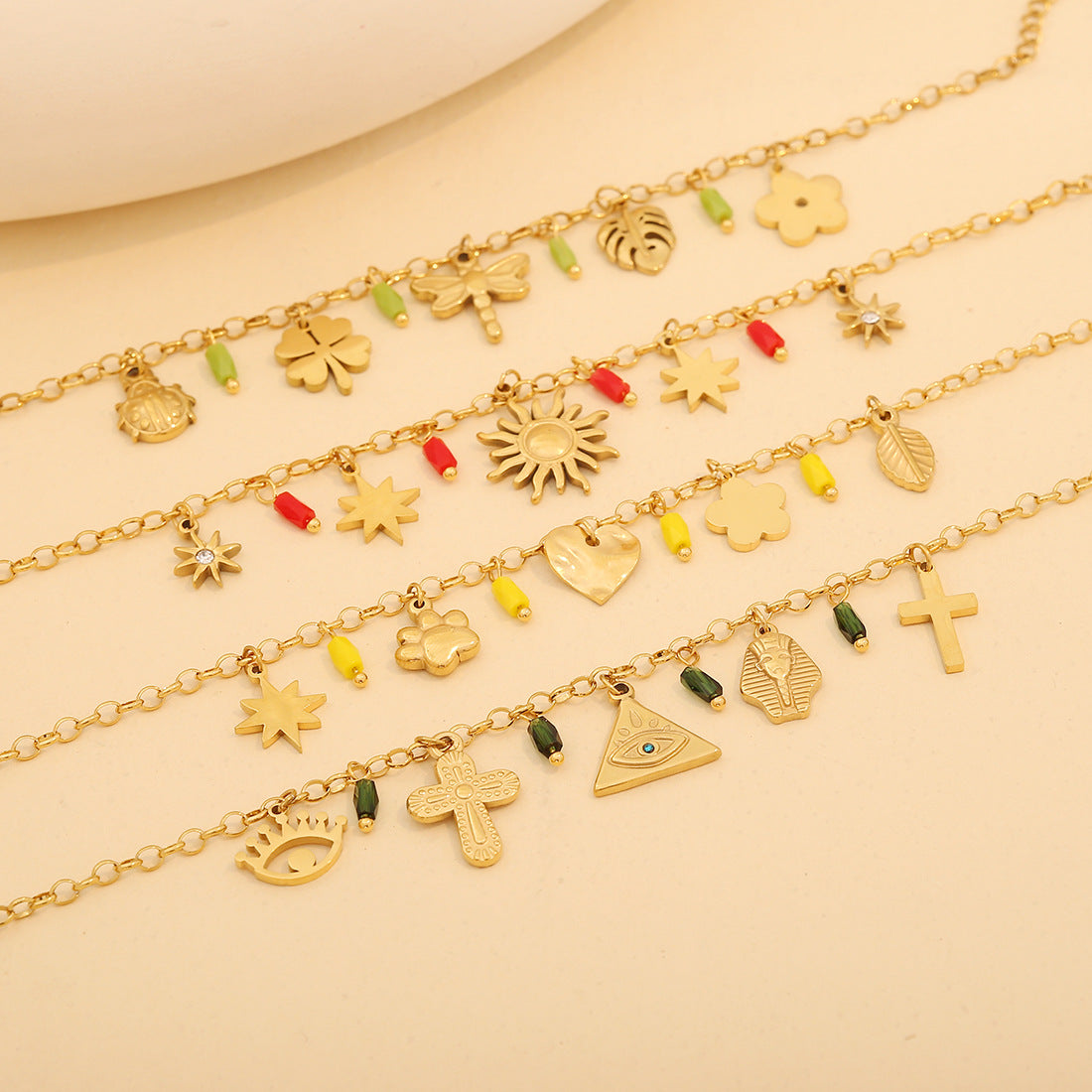 Bracciale in Acciaio Inossidabile con Croce, Stella a Otto Punte e Design a Foglia, Stile OL alla Moda