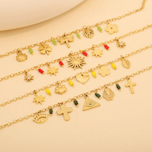 Pulsera de acero inoxidable con diseño de cruz, estrella de ocho puntas y hojas, estilo OL a la moda