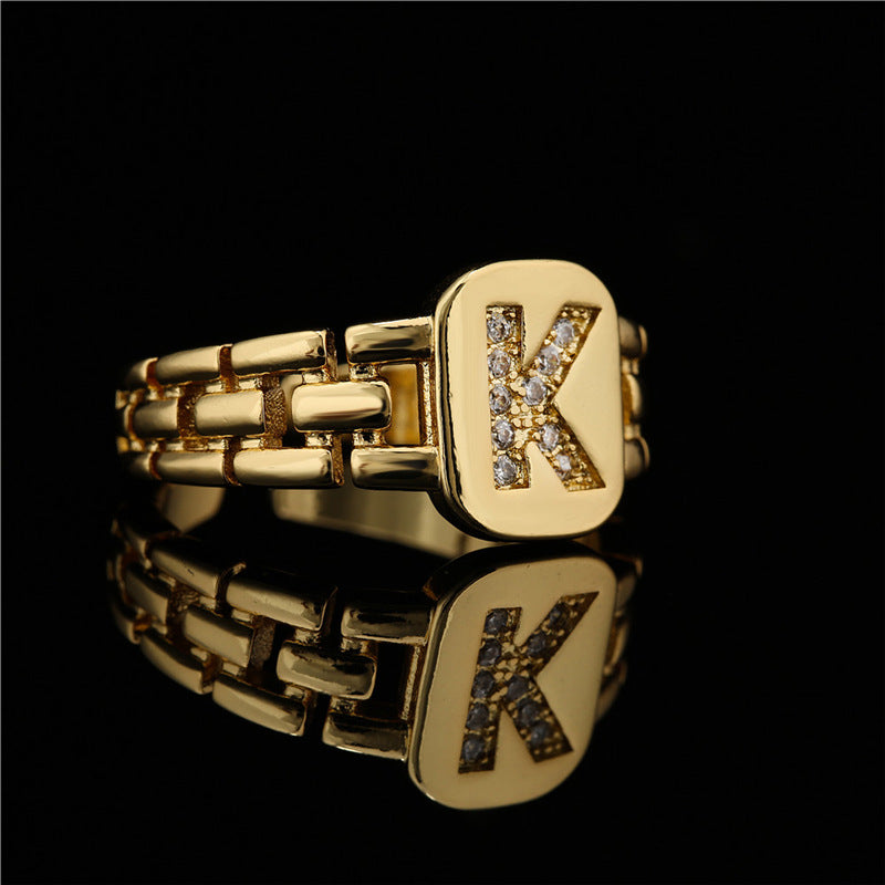 Minimalist Letter Shape Copper Ring with Micro-Pavé Setting Adjustable Geometric Band