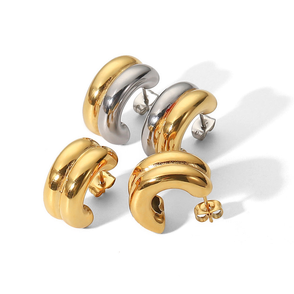 Pendientes de aro doble geométricos de moda, de acero inoxidable chapado en oro de 18K, bicolor, para mujer
