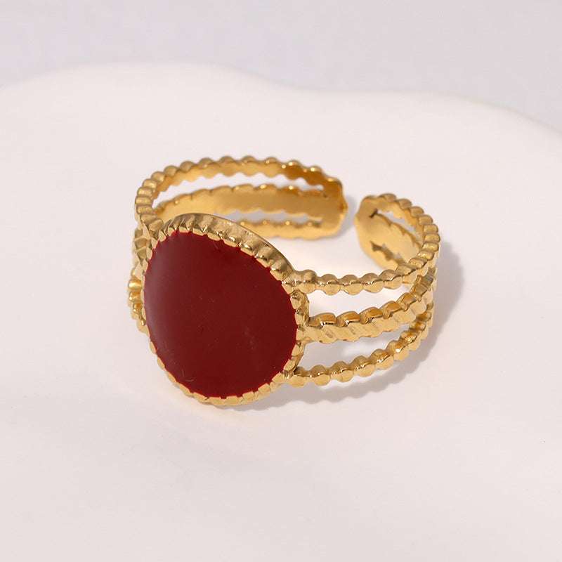 Vintage French-Style Geometric Stainless Steel Adjustable Open Ring for Women with Polished Finish and Heart-Eye Motif