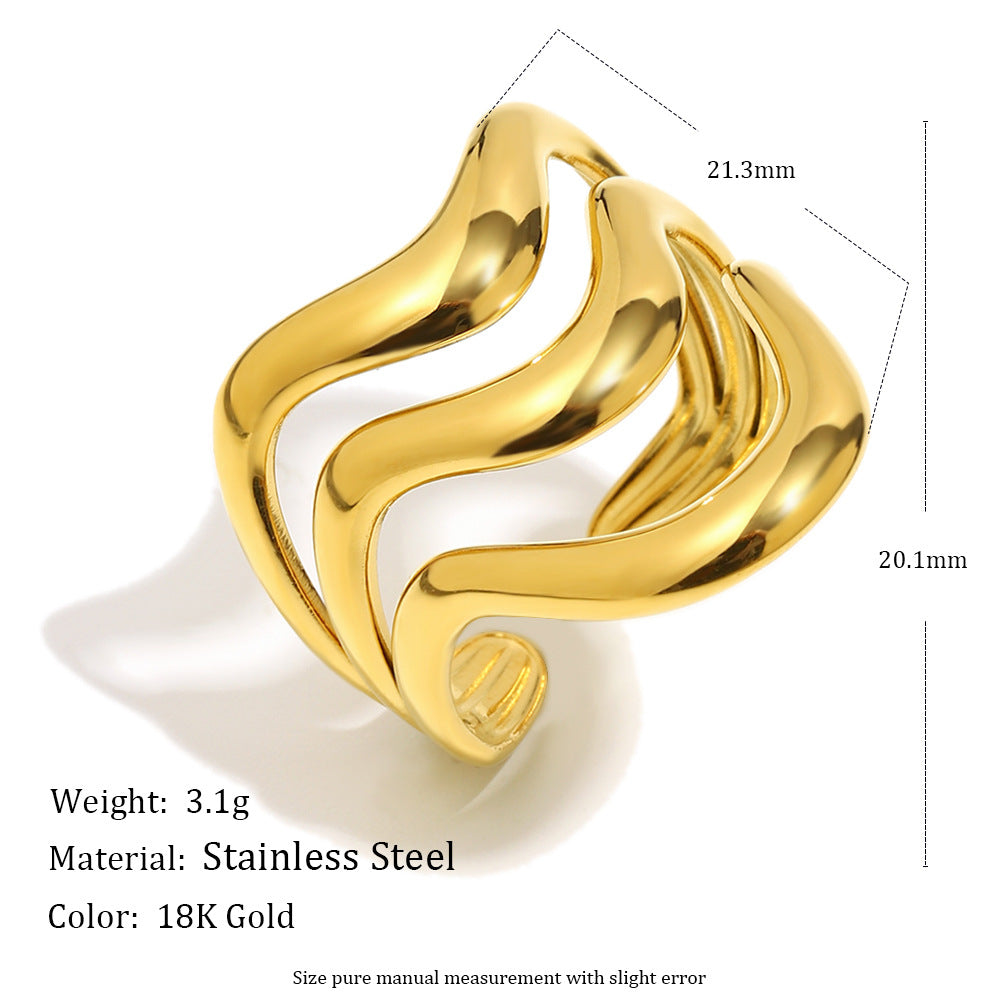 Anello da donna minimalista regolabile placcato oro 18 carati con onda in acciaio inossidabile