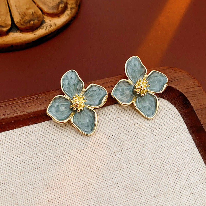 Chic Geometric Enamel Blue Green Contrast Stud Earrings for Women with Stainless Steel Posts