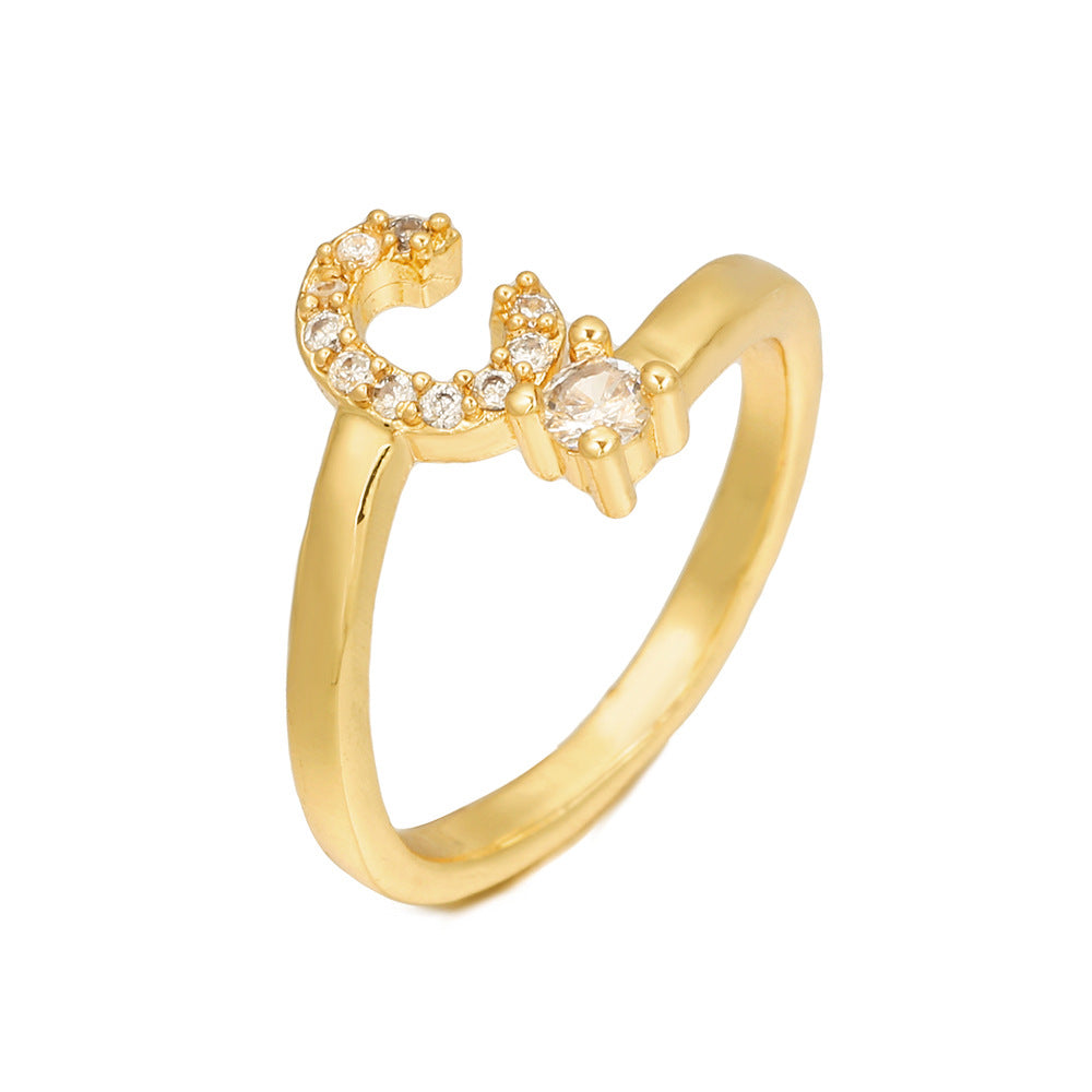 Adjustable Letter Ring Brass Plated with Cubic Zirconia for Women and Men