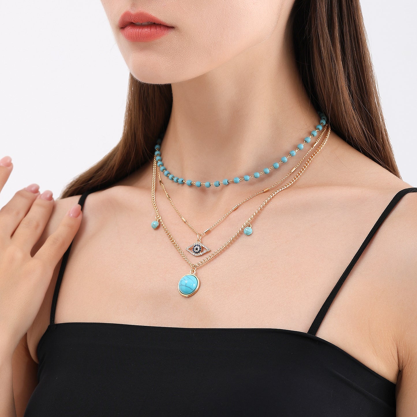 Vintage Bohemian Turquoise Pendant Necklace for Women Geometric Alloy Locket with Plated Finish