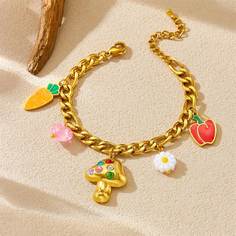 Fashionable Cute Enamel Bell Pepper Carrot Mushroom Flower Pendant Stainless Steel Bracelet for Women