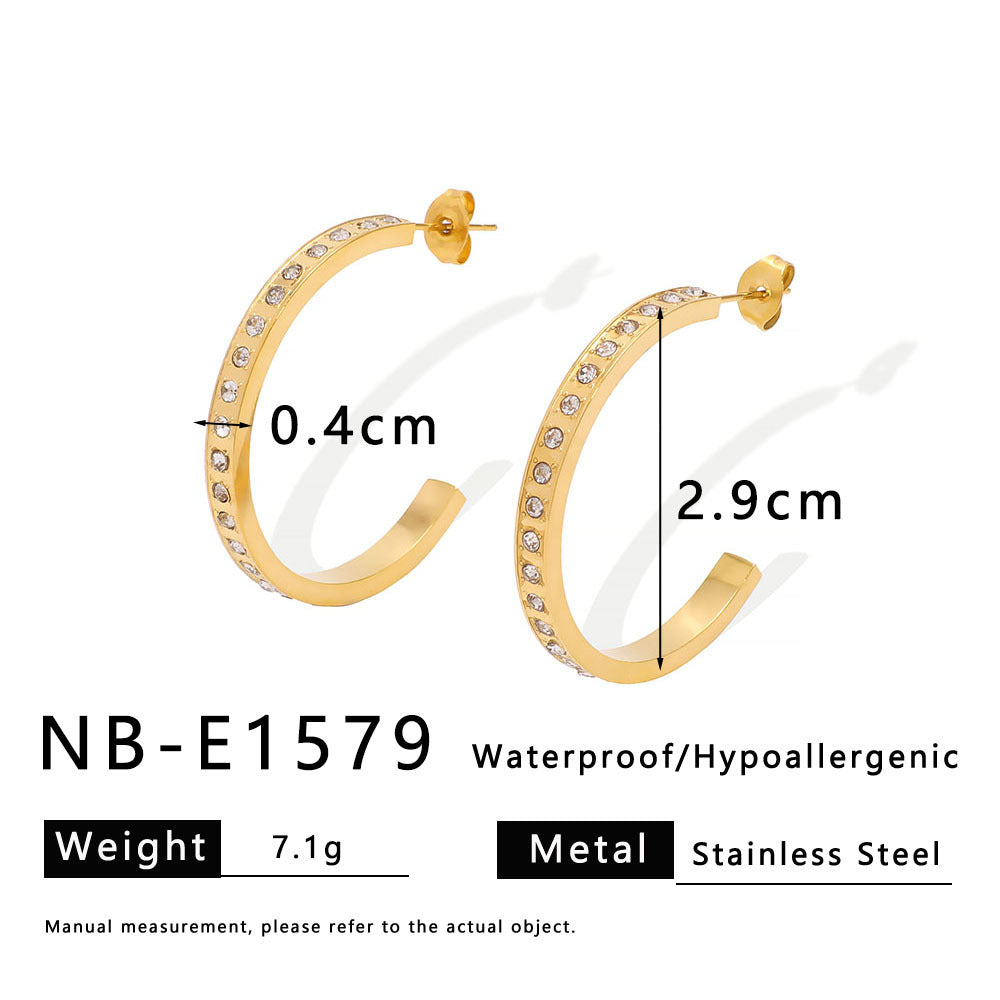 Minimalist C-Shaped Rhinestone-Embellished Stainless Steel Earrings for Women with Vacuum Plated 18K Gold Finish