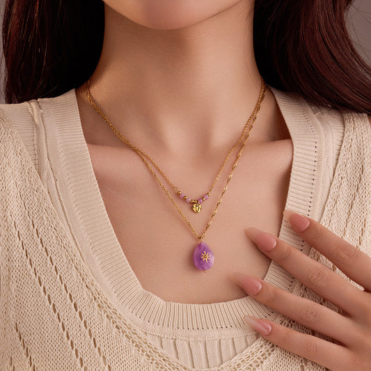 Vintage Minimalist Purple Natural Stone Eight-Pointed Star Double-Layer Heart Pendant Necklace in Stainless Steel with Plating Finish