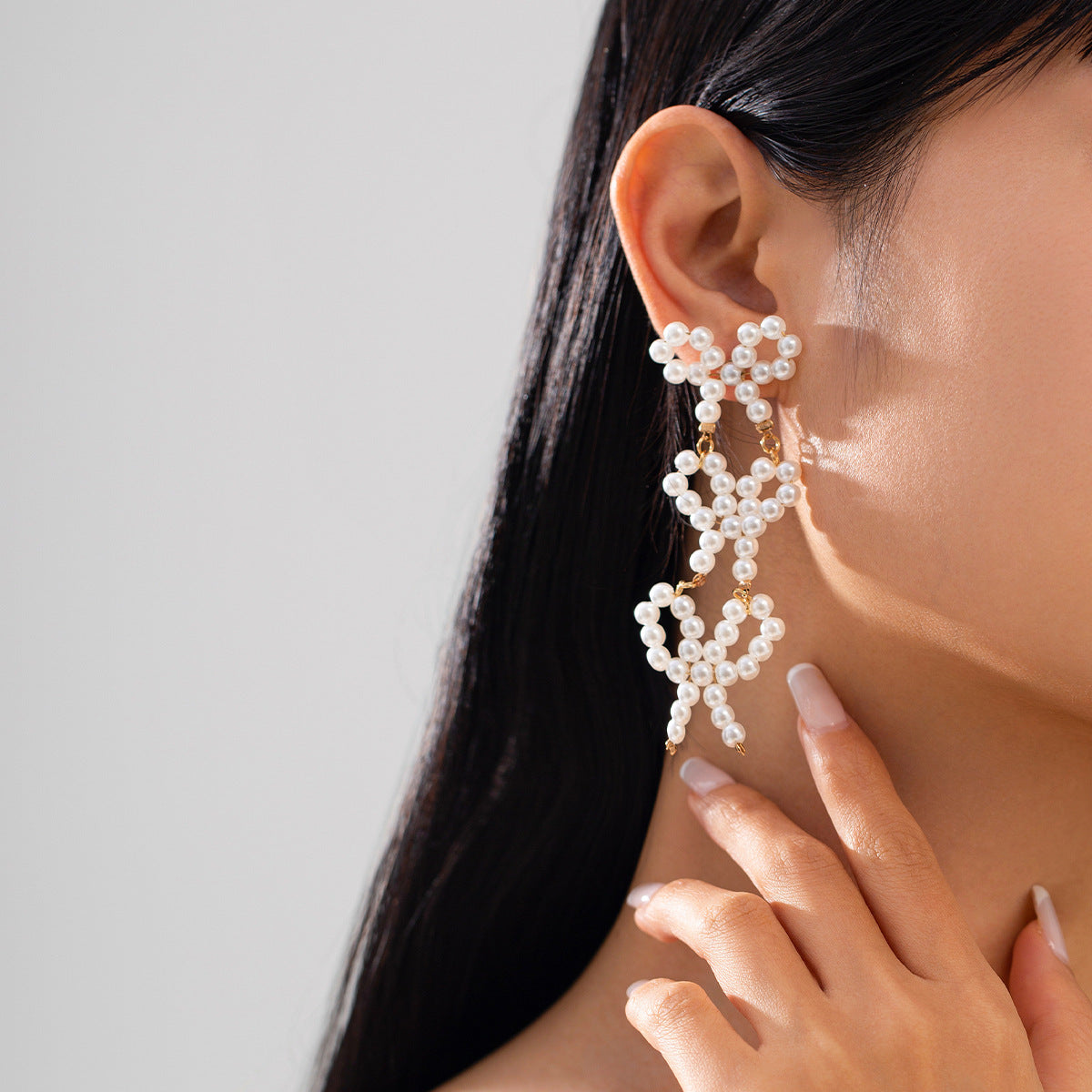 Sweet Elegant Bowknot Faux Pearl Tassel Drop Earrings for Women