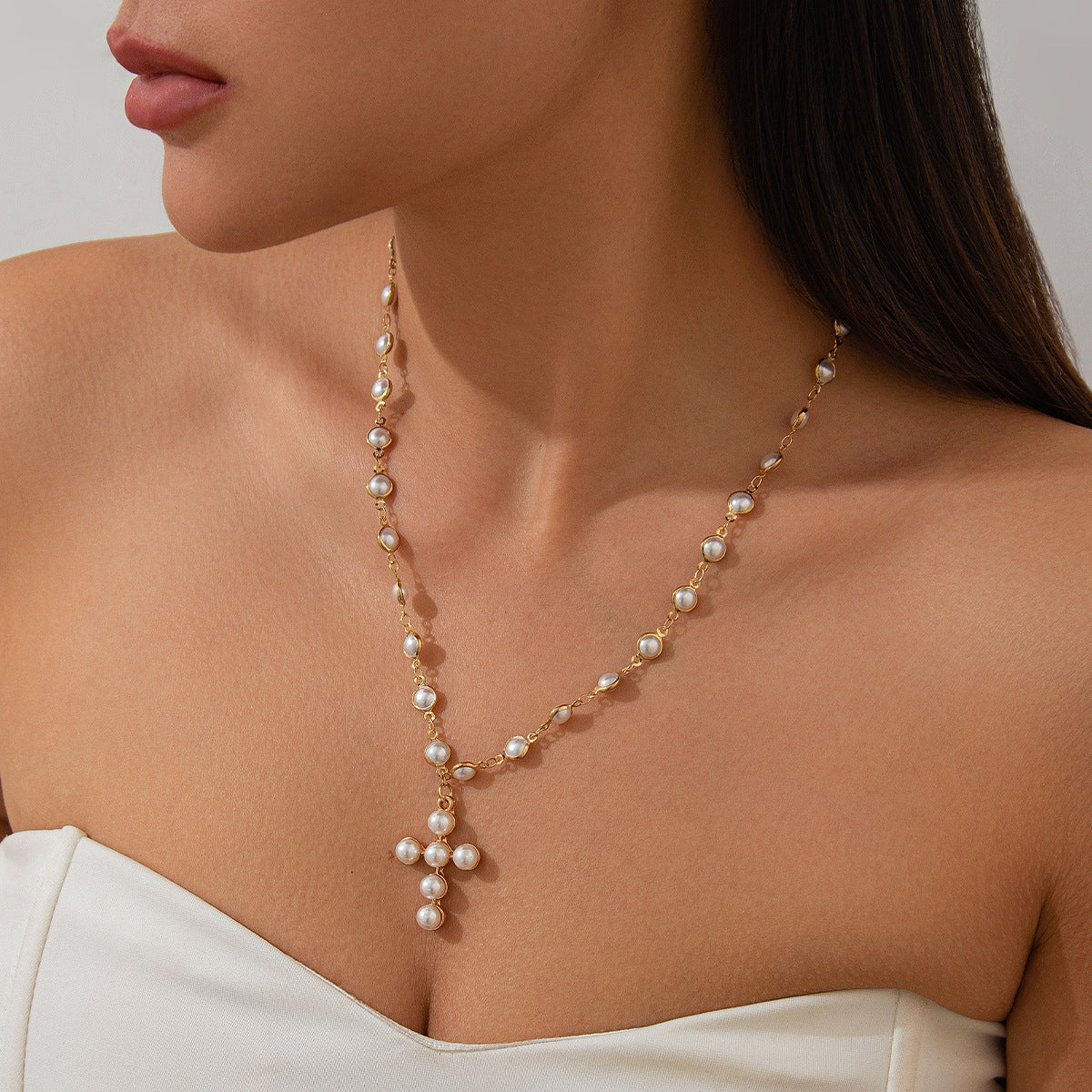 Gothic Elegant Cross Geometric Alloy Pendant Necklace with Faux Pearl Ball Chain for Women