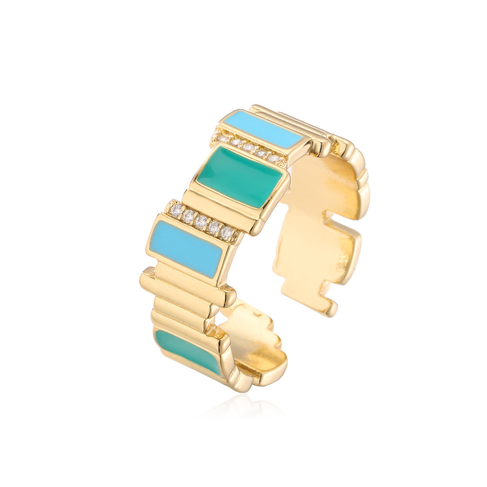 Geometric Open Ring for Women with Copper Base Plated in Real Gold Featuring Zircon Inlay and Enamel Finish