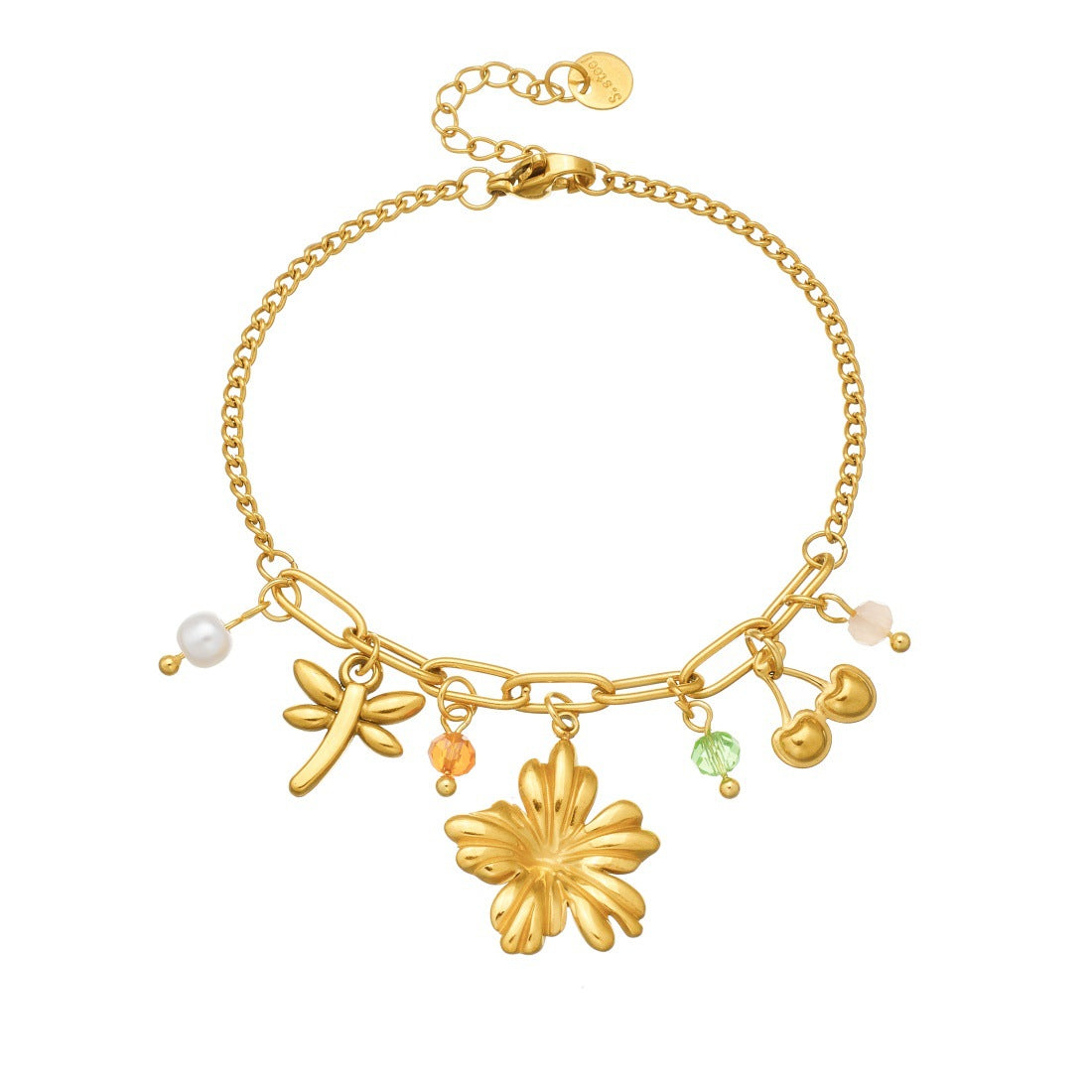 Sweet Gold Plated Floral Butterfly and Cherry Blossom Stainless Steel Bracelet with Pearl Ball Chain for Women