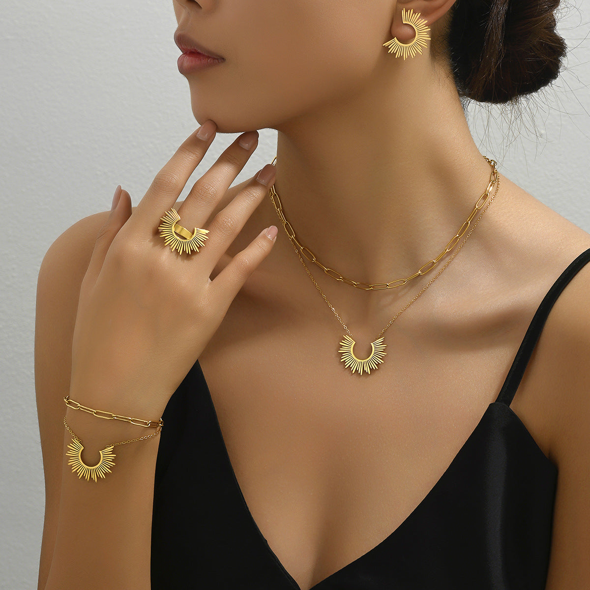 Encantador Juego de Joyas Minimalista de Girasol para Mujer, Bañado en Cobre, Pulsera, Pendientes, Collar y Anillo para el Dedo Índice