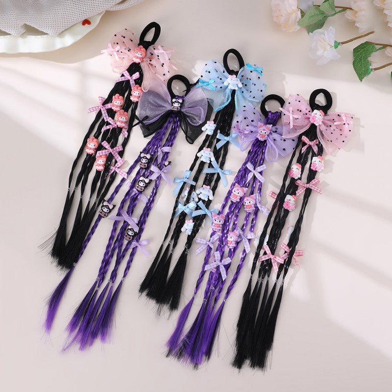 Cartoon Character Bow Hair Tie for Kids with Braided Design and Knitted Fabric Construction in Pastel Macaron Style