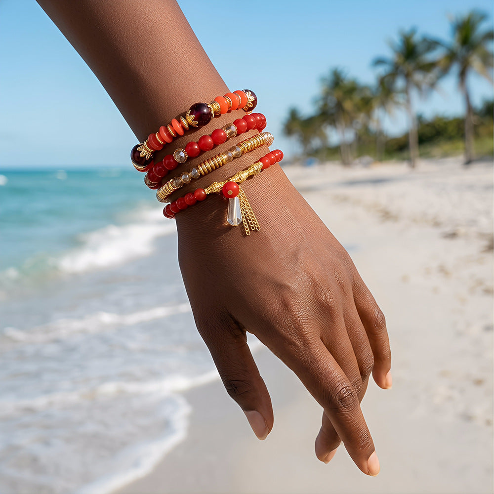 Bohemian Ethnic Geometric Round Glass Agate Crystal Tassel Multi-layer Bracelet