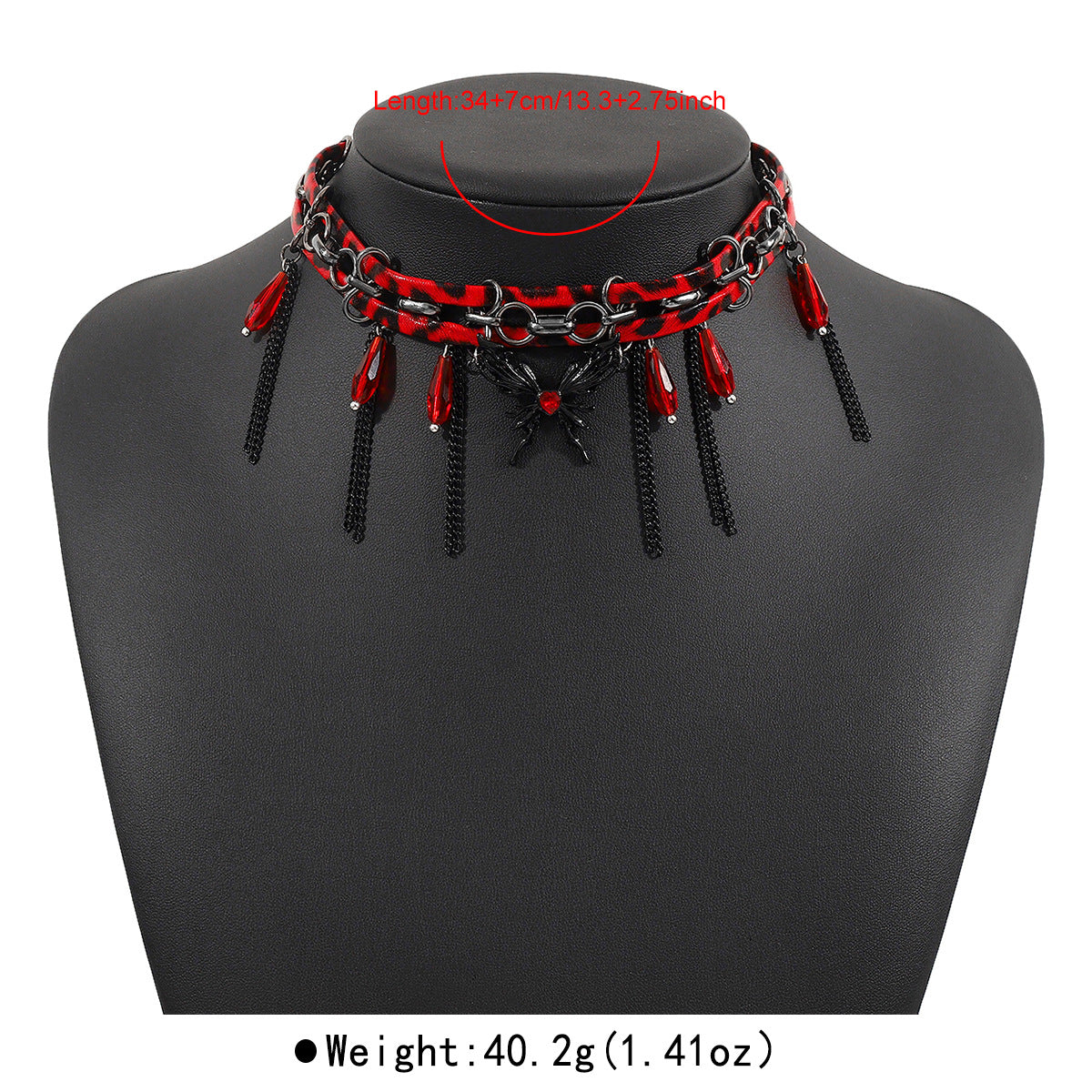 Collana choker vintage Y2K in pelle con stampa leopardata rossa, ciondolo a farfalla e dettagli con frange