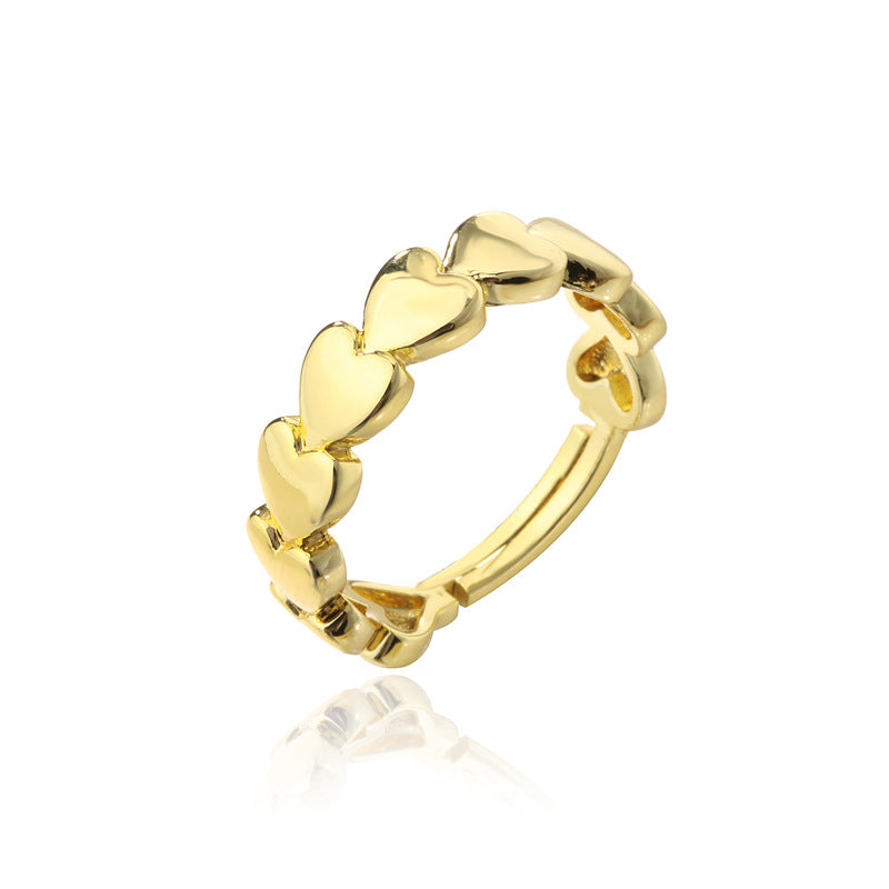 Punk 18K Gold Plated Heart Geometric Brass Ring with Cubic Zirconia for Women