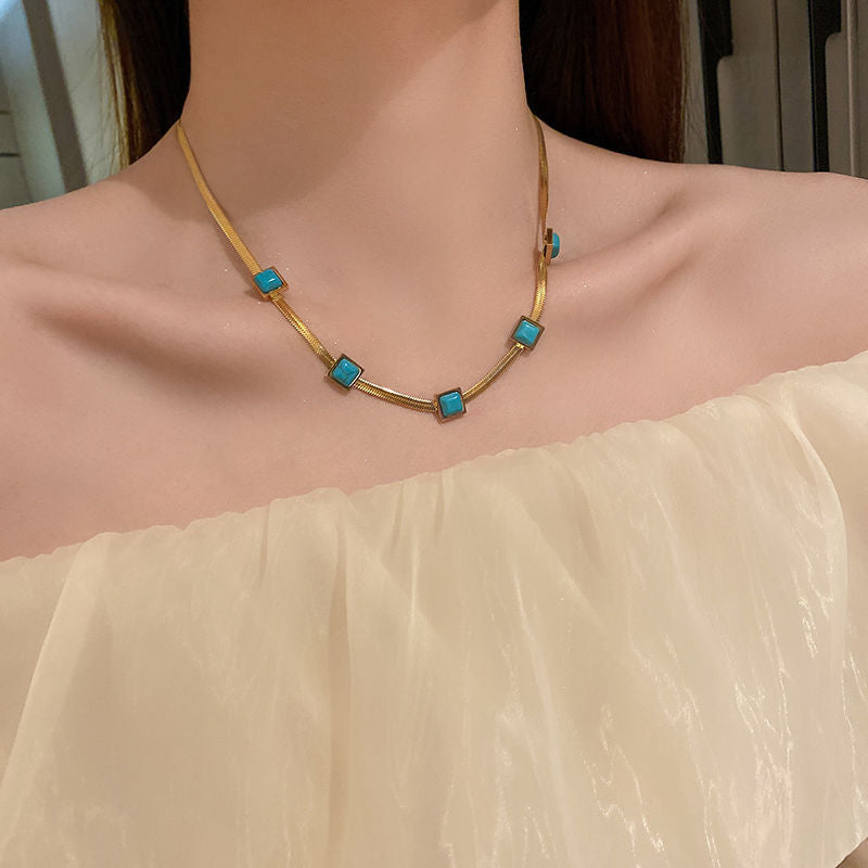 Bohemian Geometric Turquoise Square Pendant Necklace for Women Titanium Steel Snake Chain with Gold Plating