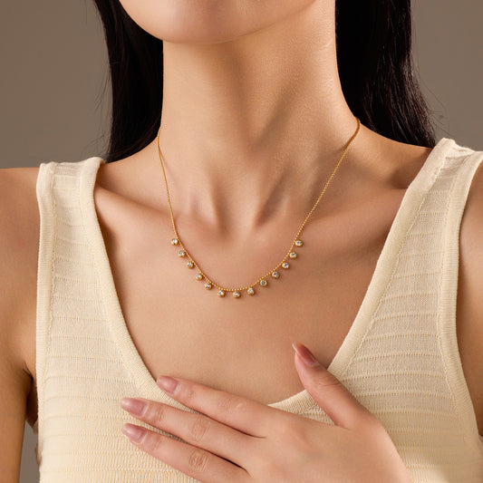Fashionable French-Style Tassel Necklace with Rhinestone Inlay in Titanium Steel for Women