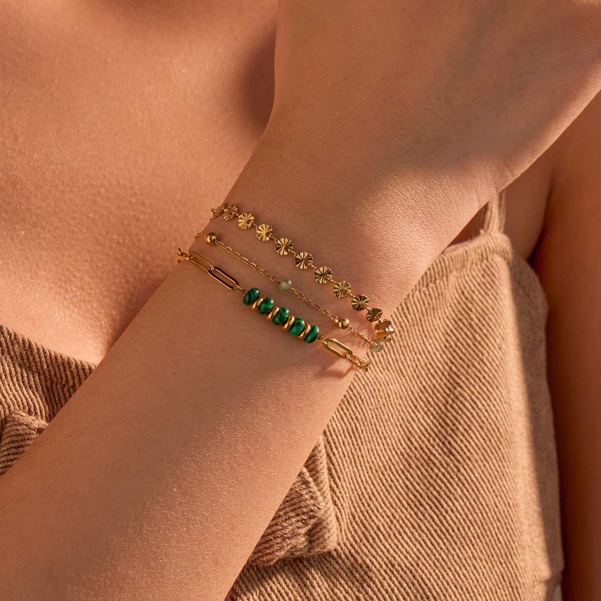 Fashionable OL Style Titanium Steel Multi-Layer Stackable Bracelet with Natural Stone Inlay and Electroplated Finish for Women