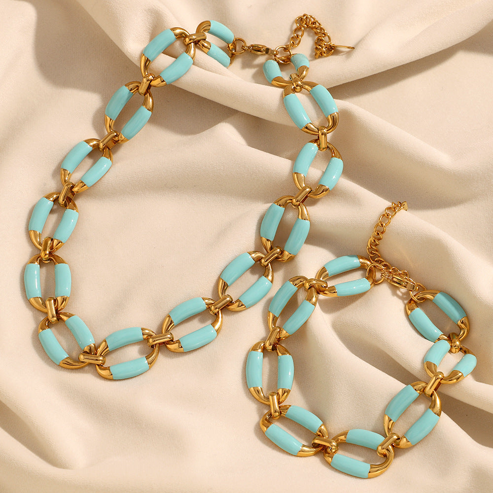 Fashion Geometric Stainless Steel Plated 18K Gold Enamel Handcrafted Necklace and Bracelet Set for Women