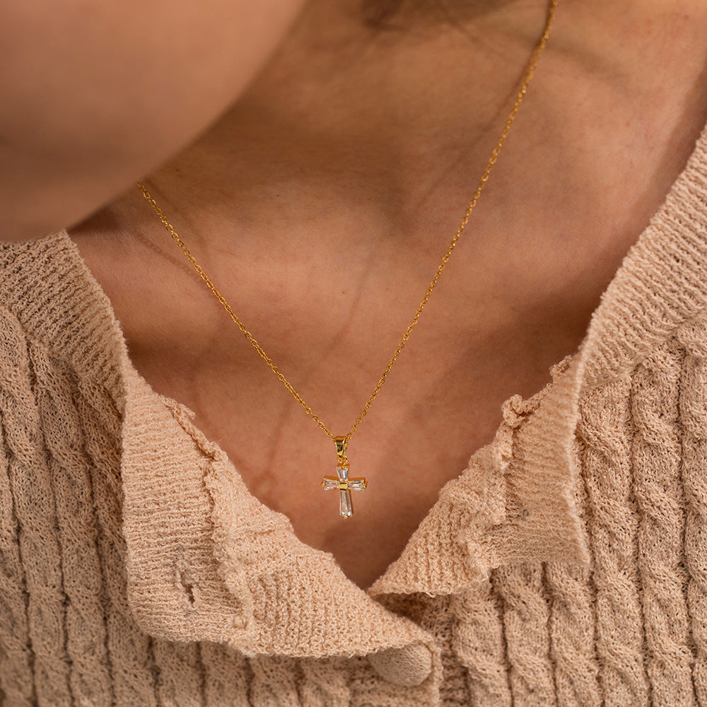Minimalist Geometric Stainless Steel Pendant Necklace with 18K Gold Plating and White Zircon Inlay for Women