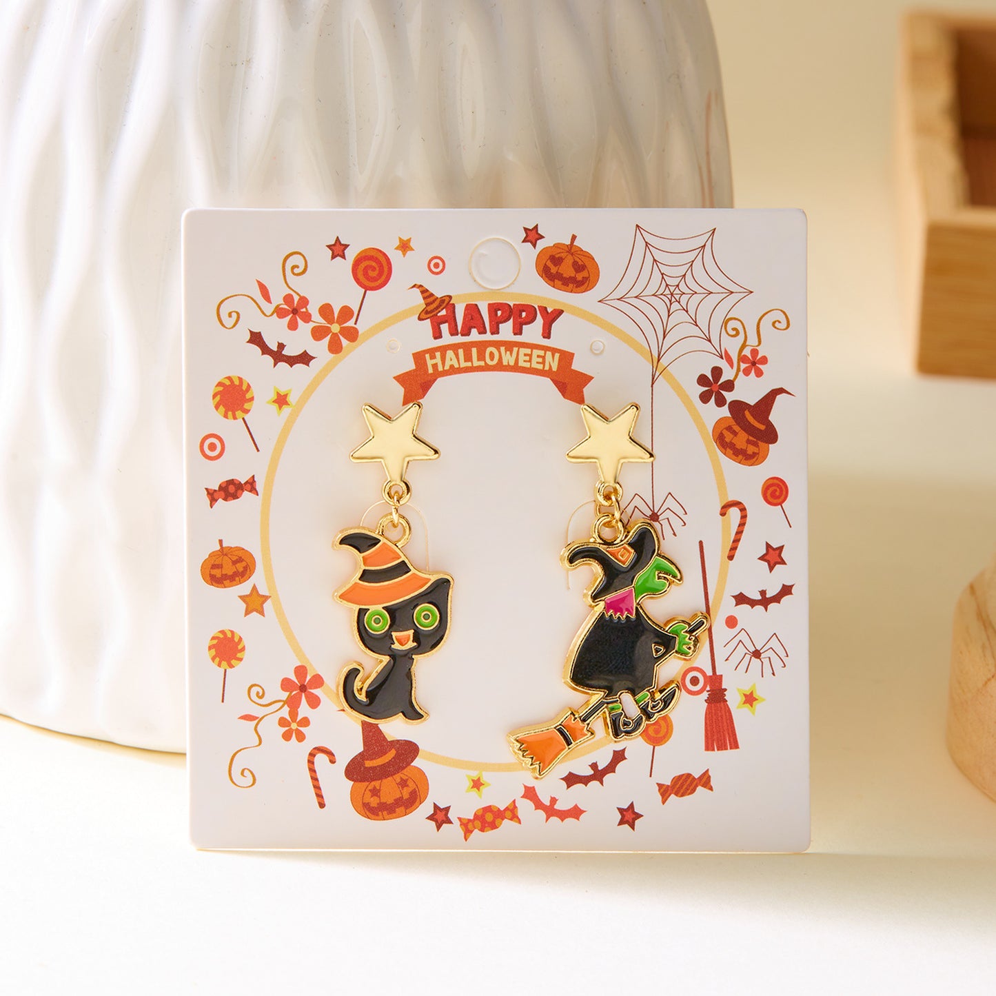 Pendientes asimétricos de aleación con diseño de calabaza y fantasma para mujer, con baño, temática de Halloween
